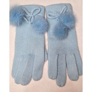 Blue Cashmere Gloves With Mink Pom Poms